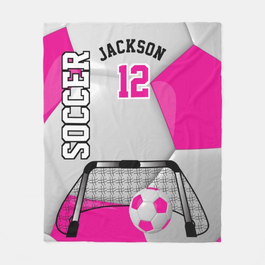 DIY文字付きホットピンクと白のサッカーボール フリースブランケット (正面)