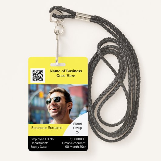 DIY社員証カード黄色の白黒 バッジ (正面ランヤード)