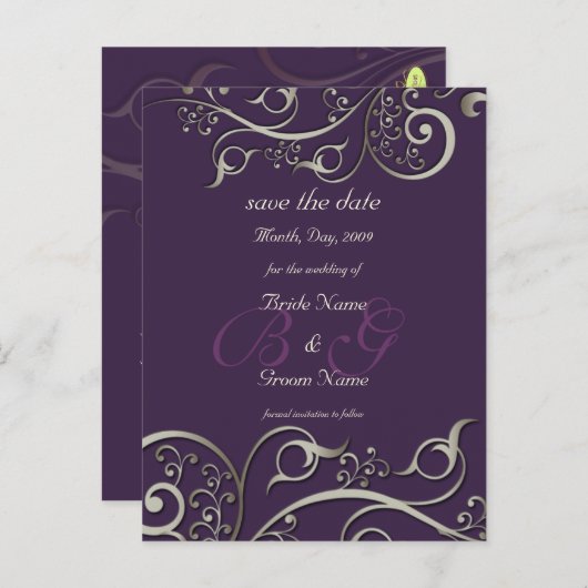 diy色、日付を保存する、モノグラム銀の渦巻き 案内ポストカード (正面/裏面)