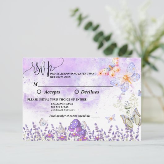 DIY エレガントなゴールドとパープルの蝶のRSVPカード 出欠カード (スタンド正面)