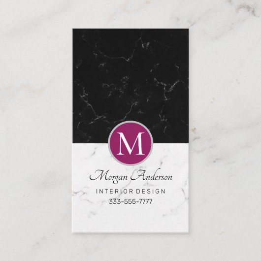 DIY エレガント Monogram、白と黒の大理石、紫 名刺 (正面)