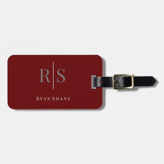 DIY エレガント Monogram & Name/Info、深いMaroon/Gray ラゲッジタグ (正面横)
