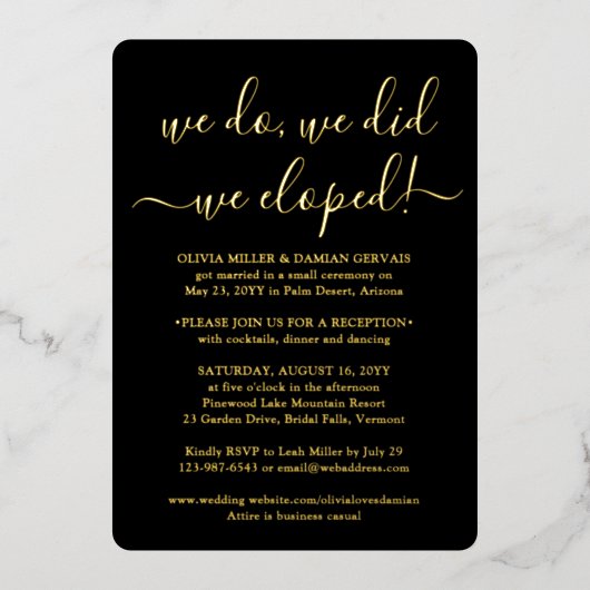 DIY カラー 私たちはこっそり結婚式 披露宴 1枚の写真 箔招待状 (正面)