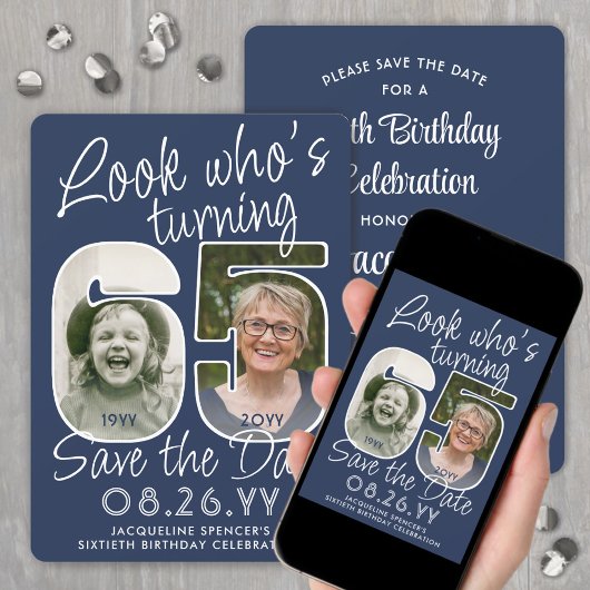 DIY カラー 誕生日パーティー 65歳 お祝い 2枚の写真 セーブザデート
