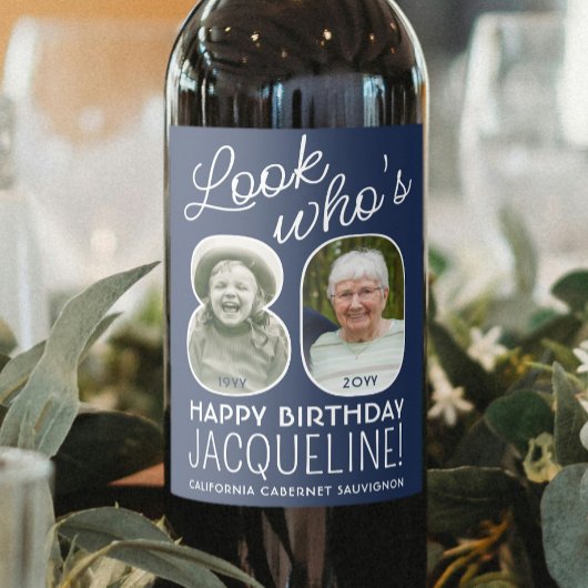 DIY カラー・誰が80歳？誕生日パーティー 2枚の写真 ワインラベル