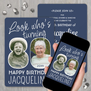DIY カラー・誰が80歳?誕生日パーティー 2枚の写真 招待状