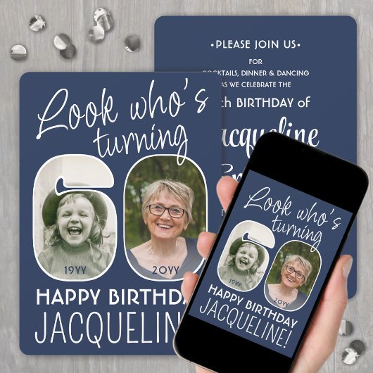 DIY カラー • 60歳の誕生日パーティー2枚の写真 招待状