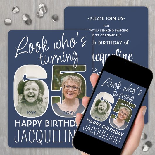 DIY カラー・65歳の誕生日パーティーは誰? 2枚の写真 招待状