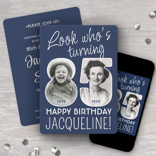DIY カラー・85歳の誕生日パーティー 2枚の写真 招待状
