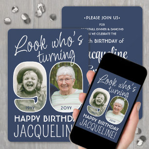 DIY カラー・90歳の誕生日パーティーは誰? 2枚の写真 招待状