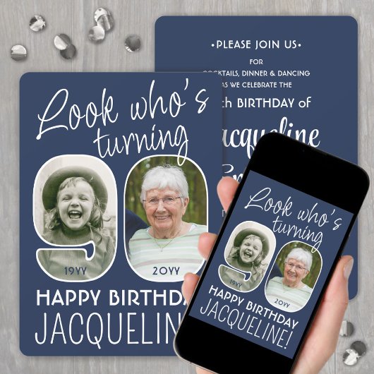 DIY カラー・90歳の誕生日パーティーは誰? 2枚の写真 招待状