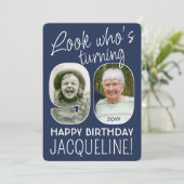 DIY カラー・90歳の誕生日パーティーは誰? 2枚の写真 招待状 (スタンド正面)