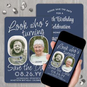 DIY カラー・90歳の誕生日パーティー2枚の写真 セーブザデート