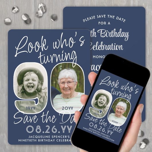 DIY カラー・90歳の誕生日パーティー2枚の写真 セーブザデート