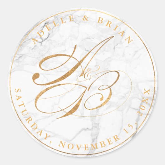 DIY 偽ゴールドカリグラフィーモノグラム/ホワイト大理石 ラウンドシール (正面)