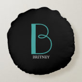 DIY 大きなイニシャル & 名前、ターコイズ/ホワイト テキスト、ブラック ラウンドクッション (裏面)