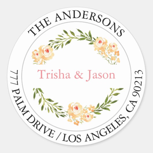 DIY 返信先住所ラベル, 水彩の桃の花, グレー ラウンドシール (正面)