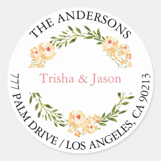 DIY 返信先住所ラベル, 水彩の桃の花（Peach Flowers）背景, ブラック/コーラル文字 ラウンドシール (正面)