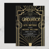 DIY 18歳の誕生日 卒業 アートデコ ブラック ゴールド 招待状 (正面/裏面)