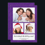 DIY 3 Photo Collage Name Year Snowy Purple シーズンカード<br><div class="desc">このクリスマスカードには、雪のような斑点のある紫の背景を持つ3枚の写真の襟が表示され、クリスマスの挨拶を送ります。カスタマイズ家族、友人、ペットの写真をアップロードして、3枚の写真をアップロードします。スクリプト・文字最高のが、休日のシーズンをお祈りしていると述べています。台本の文字は、クリスマスのお目出とう、クリスマスのお目出とう、新年のお目出とう、お祝いのご挨拶など、お気に入りのお知らせでパーソナライズしてください。次に、2行目の文字を自分の名前と年で編集します。</div>