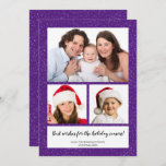 DIY 3 Photo Collage Name Year Snowy Purple シーズンカード<br><div class="desc">このクリスマスカードには、雪のような斑点のある紫の背景を持つ3枚の写真の襟が表示され、クリスマスの挨拶を送ります。カスタマイズ家族、友人、ペットの写真をアップロードして、3枚の写真をアップロードします。スクリプト・文字最高のが、休日のシーズンをお祈りしていると述べています。台本の文字は、クリスマスのお目出とう、クリスマスのお目出とう、新年のお目出とう、お祝いのご挨拶など、お気に入りのお知らせでパーソナライズしてください。次に、2行目の文字を自分の名前と年で編集します。</div>