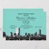 DIY BGカラーボストンスカイライン#2BWスウィート16パーティー 招待状 (正面/裏面)