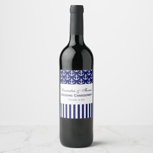 DIY BGネイビーホワイトいかりストライプパーティー ワインラベル (正面)