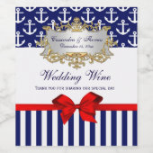 DIY BGネイビーホワイトいかりストライプレッドボウパーティー ワインラベル (シングルラベル)