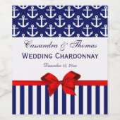 DIY BGネイビーホワイトいかりストライプ#2レッドボウパーティー ワインラベル (シングルラベル)