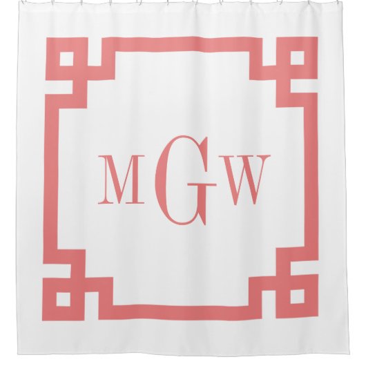 DIY BGライトコーラルギリシャ語鍵#2 Framed 3I Monogram シャワーカーテン (正面)