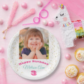 DIY Child's Photo/Name, Happy B'day Stars White ペーパープレート (パーティー)