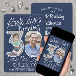 DIY Colors ・ Look Who's 30 Birthday Party 2写真 セーブザデート<br><div class="desc">30番だ！招待状の家族と友人の30歳の誕生日のお祝いとエレガント写真の保存の日のパーティの招待状。写真とこのテンプレートの文言はパーソナライズするシンプルために必要である。背景、文字、数字の輪郭のネイビーブルーとホワイトカラーは、すべてザズルのデザインツールを使用することによりカスタマイズ、可能である。(画像の配置のヒント：写真を正確に配置する簡単の方法は、Zazzleウェブサイトにアップロードする前に写真をトリミングする。追加もしの要救済件、メッセージを下さい：)このカードはあなたの選択の2つの写真を備えモダンて、スクリプト書とヴィンテージアートスタイリッシュデコタイポグラフィ。このユニークデザイン男女兼用は、男性にも女性にも適している。ハッピーティース誕生日!</div>