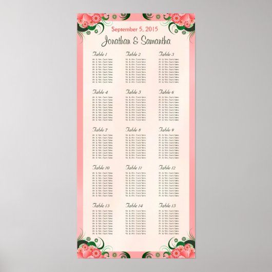 DIY Hibiscus Pink 15のテーブル結婚シーティングチャート ポスター (正面)