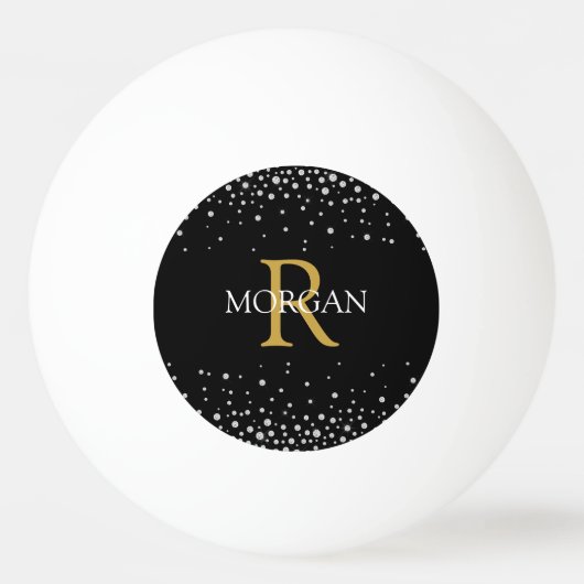 DIY Monogram & Name金ゴールド/ホワイト、ダイヤモンド付きブラック 卓球ボール (正面)