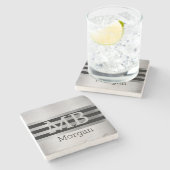 DIY Monogram/Name Bk/Silverブラッシュドストライプシルバー ストーンコースター (横)