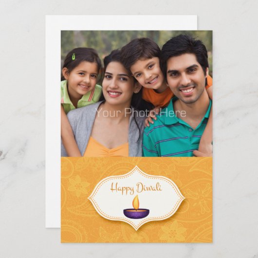 Diya on金ゴールドペイズリー、Diwaliフォトカード 招待状 (正面/裏面)