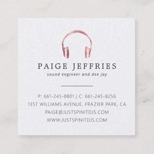 DJのばら色の金ゴールドのヘッドホーンのロゴの黒 スクエア名刺 (裏面)
