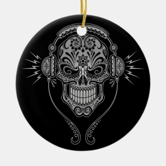 DJの砂糖のスカル-黒 セラミックオーナメント (正面)