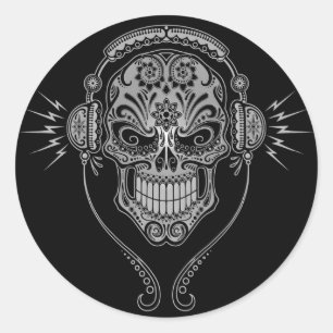 DJの砂糖のスカル-黒 ラウンドシール