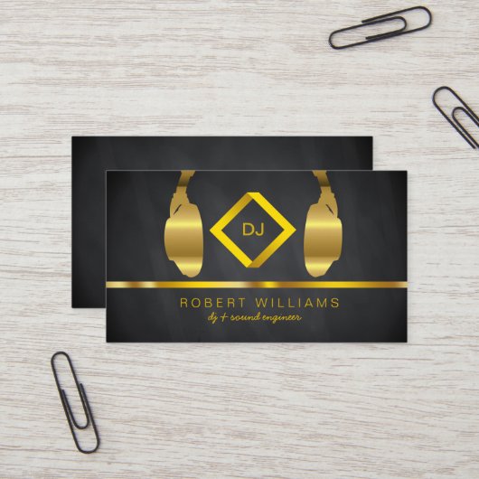DJのDJの専門のヘッドホーンの金ゴールドののど音楽 名刺 (正面/裏面インサイチュ)