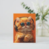 DJウィスカーおもしろい- Orange Cat with Headphones ポストカード (スタンド正面)