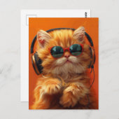 DJウィスカーおもしろい- Orange Cat with Headphones ポストカード (正面/裏面)