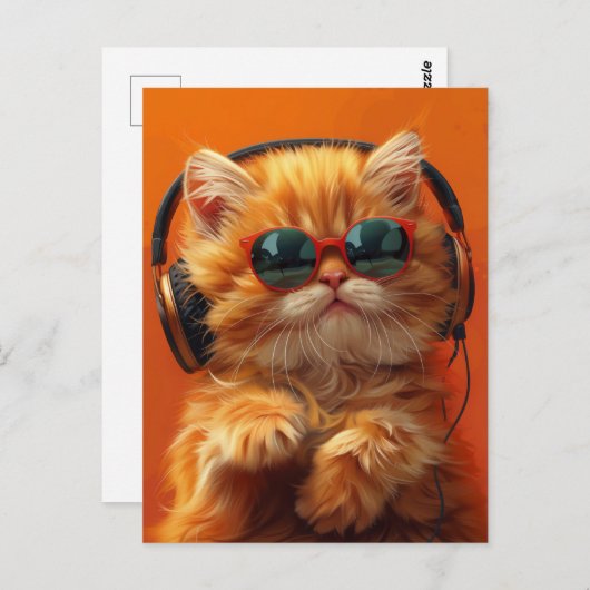 DJウィスカーおもしろい- Orange Cat with Headphones ポストカード (正面/裏面)