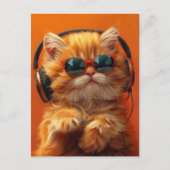 DJウィスカーおもしろい- Orange Cat with Headphones ポストカード (正面)