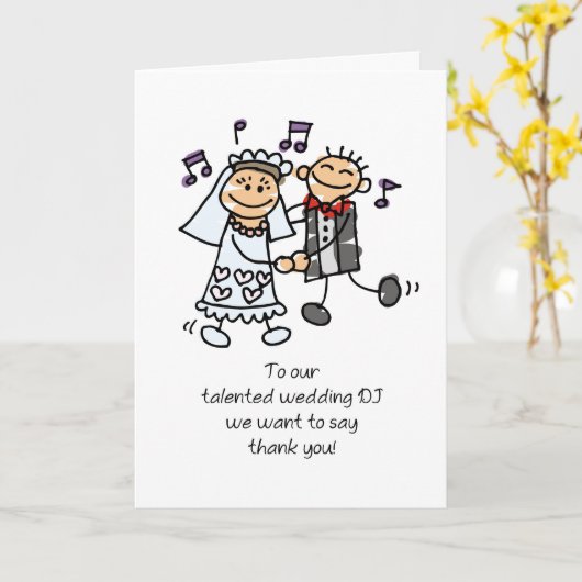 DJウェディングレセプションStick Figuresをありがとう カード (黄色い花)