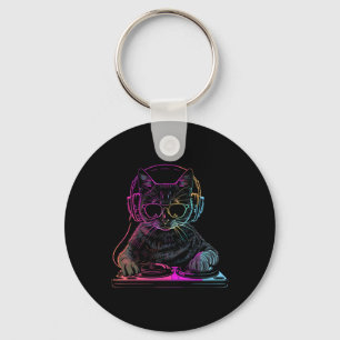 Djキャットエムテクノハウスミュージックおもしろい猫好き キーホルダー