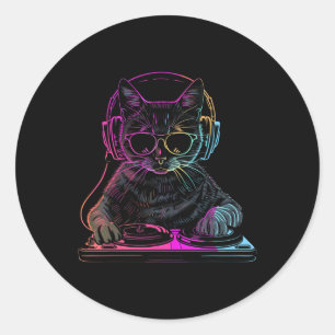 Djキャットエムテクノハウスミュージックおもしろい猫好き ラウンドシール