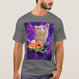 DJキャットシャツ 猫 DJ ピザ EDM ミュージック かわいい 白 Tシャツ