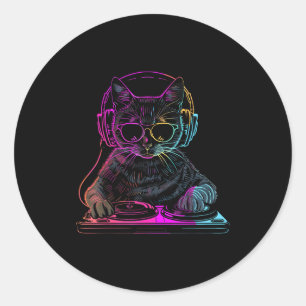 DJキャット EDM テクノ ハウスミュージック 猫好きのためのおもしろグッズ ラウンドシール