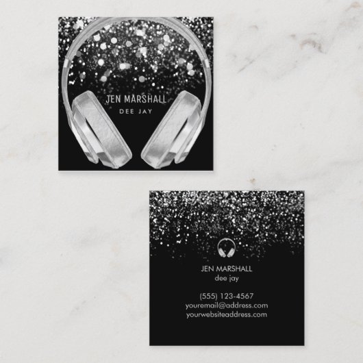 DJシルバーフェイクフォイルエフェクトヘッドフォン スクエア名刺 (正面/裏面)